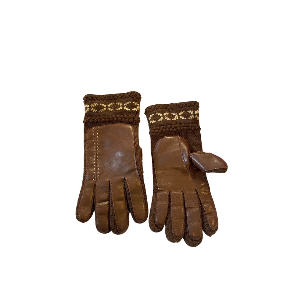 Vintage Womens Brown faux Leather Knit Cuff Gloves Cozy Winter
